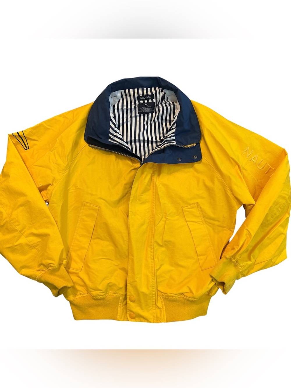 Nautica Men’s Bright Yellow Windbreaker with Navy Collar & Embroidered SleevesXL
